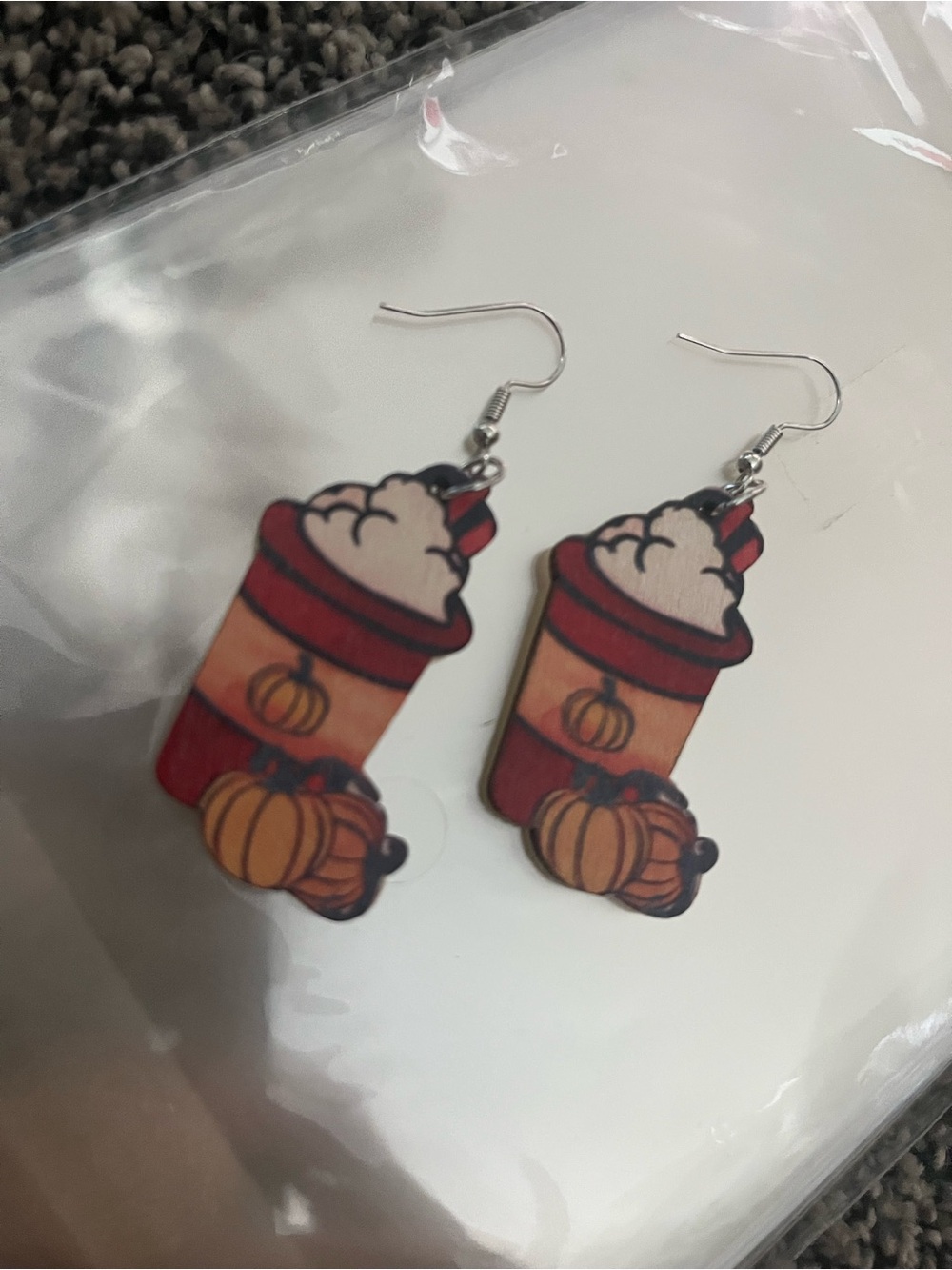 Wood pumpkin spice latte earrings